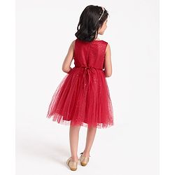 Babyhug Sleeveless Party Wear Frock with 3D Flowers on Yoke - Red