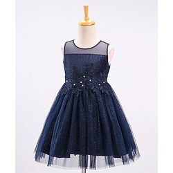 Babyhug Sleeveless All over Glitter Party Wear Frock with Rose Patch On Waist Line - Navy