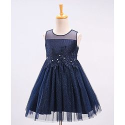 Babyhug Sleeveless All over Glitter Party Wear Frock with Rose Patch On Waist Line - Navy