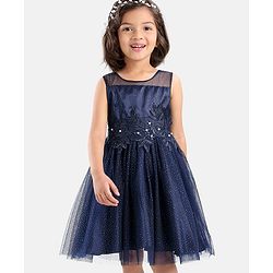 Babyhug Sleeveless All over Glitter Party Wear Frock with Rose Patch On Waist Line - Navy