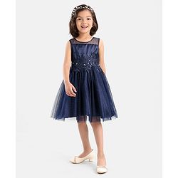 Babyhug Sleeveless All over Glitter Party Wear Frock with Rose Patch On Waist Line - Navy