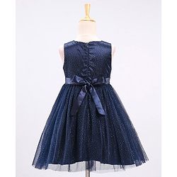 Babyhug Sleeveless All over Glitter Party Wear Frock with Rose Patch On Waist Line - Navy