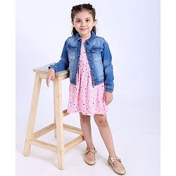 Babyhug Sleeveless Frock with Denim Jacket - Pink