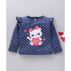 Babyhug Cotton Knit Full Sleeves Tee Kitty Print - Navy
