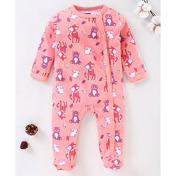 Babyhug Full Sleeves Footed Sleep Suit Animals Print - Peach