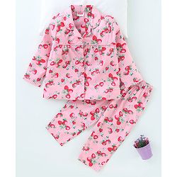 Babyhug Full Sleeves Woven Shirt & Pajama Set Strawberry Print - Pink