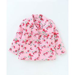 Babyhug Full Sleeves Woven Shirt & Pajama Set Strawberry Print - Pink