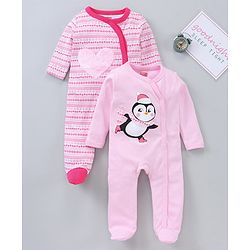 Babyhug Full Sleeves Sleep Suit Penguin Graphic Pack of 2 - Pink