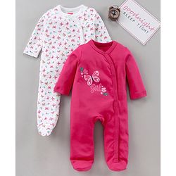 Babyhug Full Sleeves Footed Sleep Suit Pack of 2 - White Pink