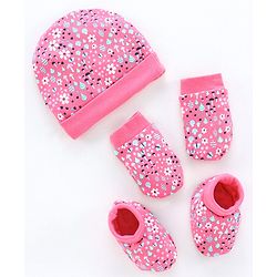 Babyhug 100% Cotton Cap, Mittens & Booties Floral Print - Pink