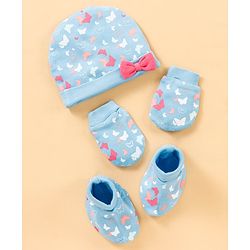 Babyhug 100% Cotton Cap, Mittens & Booties Set Butterfly Print & Bow Applique - Blue