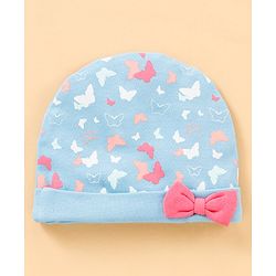 Babyhug 100% Cotton Cap, Mittens & Booties Set Butterfly Print & Bow Applique - Blue