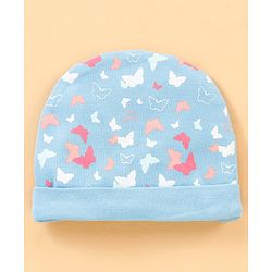Babyhug 100% Cotton Cap, Mittens & Booties Set Butterfly Print & Bow Applique - Blue