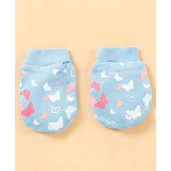 Babyhug 100% Cotton Cap, Mittens & Booties Set Butterfly Print & Bow Applique - Blue