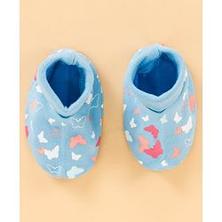 Babyhug 100% Cotton Cap, Mittens & Booties Set Butterfly Print & Bow Applique - Blue