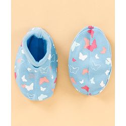 Babyhug 100% Cotton Cap, Mittens & Booties Set Butterfly Print & Bow Applique - Blue