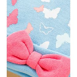 Babyhug 100% Cotton Cap, Mittens & Booties Set Butterfly Print & Bow Applique - Blue