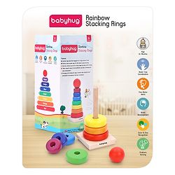 Babyhug Premium Wooden Rainbow Stacking Rings Multicolor - 7 rings| Non-Toxic| Organic & Safe|  BIS Certified