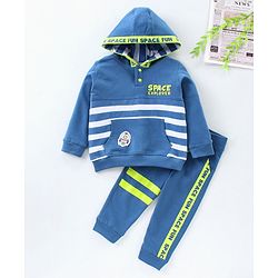 Babyhug Full Sleeves Hooded Tee & Lounge Pant Space Print- Blue