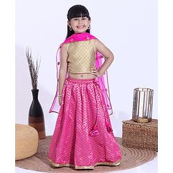 Babyhug Sleeveless Embroidered Choli and Lehenga with Lace Border Sequined Dupatta - Golden Fucshia