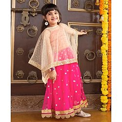Babyhug Sleeveless Embroidered Choli & Lehenga With Poncho Style Top- Pink