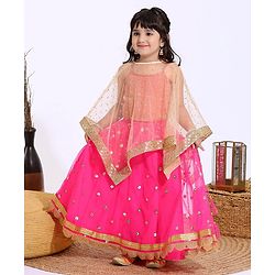 Babyhug Sleeveless Embroidered Choli & Lehenga With Poncho Style Top- Pink