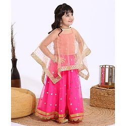 Babyhug Sleeveless Embroidered Choli & Lehenga With Poncho Style Top- Pink