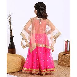 Babyhug Sleeveless Embroidered Choli & Lehenga With Poncho Style Top- Pink