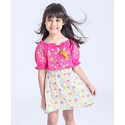 Babyhug Half Sleeves Top & Skirt Set with Bow Floral Print - Pink