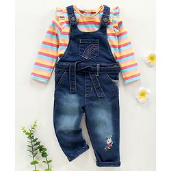 Babyhug Denim Dungaree With Full Sleeves Inner Tee Stripes & Unicorn Print - Blue