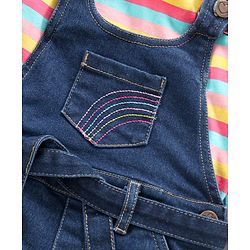 Babyhug Denim Dungaree With Full Sleeves Inner Tee Stripes & Unicorn Print - Blue