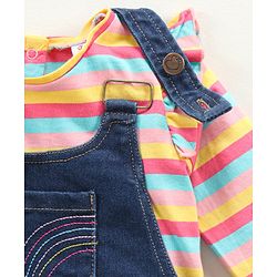 Babyhug Denim Dungaree With Full Sleeves Inner Tee Stripes & Unicorn Print - Blue