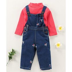 Babyhug Dungaree With Full Sleeves Inner Tee Solid Print - Blue