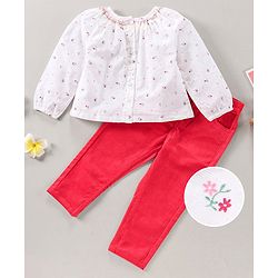 Babyhug Peasant Sleeves Top & Jeans Floral Print - White Red