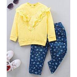 Babyhug Full Sleeves Solid Color Top & Full Length Printed Denim Pant Set - Yellow