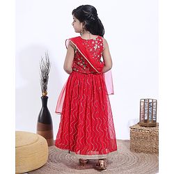 Babyhug Sleeveless Choli and Ghagra with Lace Border Dupatta Glitter Print - Red