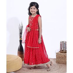 Babyhug Sleeveless Choli and Ghagra with Lace Border Dupatta Glitter Print - Red