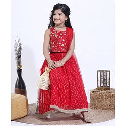 Babyhug Sleeveless Choli and Ghagra with Lace Border Dupatta Glitter Print - Red