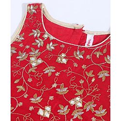 Babyhug Sleeveless Choli and Ghagra with Lace Border Dupatta Glitter Print - Red
