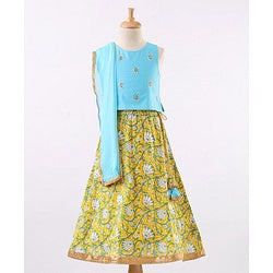 Babyhug Sleeveless Choli & Lehenga With Dupatta Floral Print - Yellow Blue