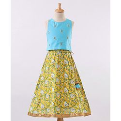 Babyhug Sleeveless Choli & Lehenga With Dupatta Floral Print - Yellow Blue