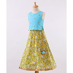 Babyhug Sleeveless Choli & Lehenga With Dupatta Floral Print - Yellow Blue