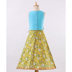 Babyhug Sleeveless Choli & Lehenga With Dupatta Floral Print - Yellow Blue