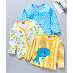 Babyhug 100%Cotton Full Sleeves Vests Dino Print Pack of 3 - Sky Blue White Yellow