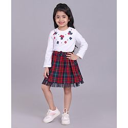 Babyhug Full Sleeves Top & Checkered Skirt Set Floral Embroidered - White Red