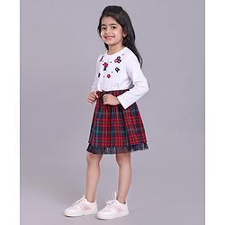 Babyhug Full Sleeves Top & Checkered Skirt Set Floral Embroidered - White Red