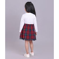 Babyhug Full Sleeves Top & Checkered Skirt Set Floral Embroidered - White Red