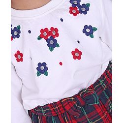 Babyhug Full Sleeves Top & Checkered Skirt Set Floral Embroidered - White Red