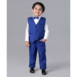 Babyhug Full Sleeves Party Suit with Bow Solid - White Blue
