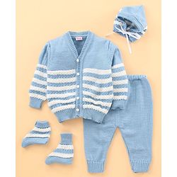 Babyhug Full Sleeves Sweater Set with Cap and Booties - Blue